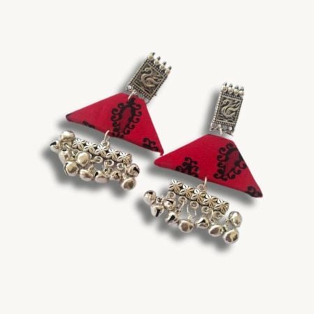 Red Printed Swan And Silver Ghungroo Earrings